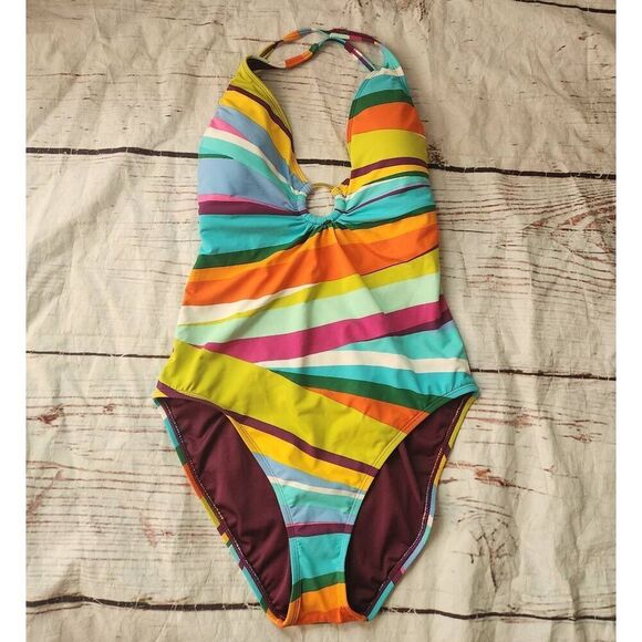 Bleu by Rod Beattie Striped Plunging Neckline Tummy Control One Piece Swimsuit S - Picture 2 of 6